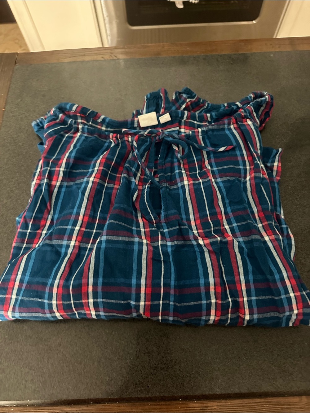 GAP Blue Plaid Blouse with Red/Pink and White Accents
